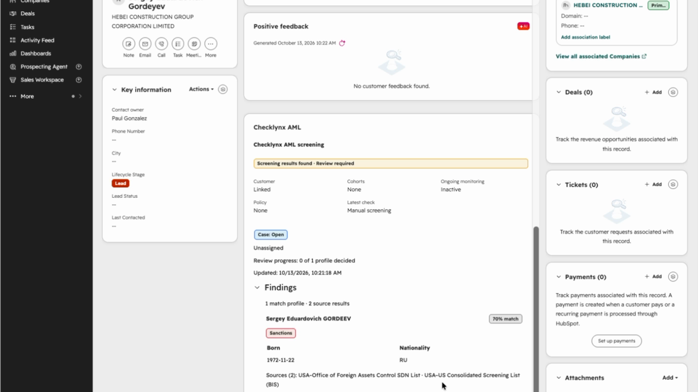 Checklynx screening findings and linked case on a HubSpot contact.