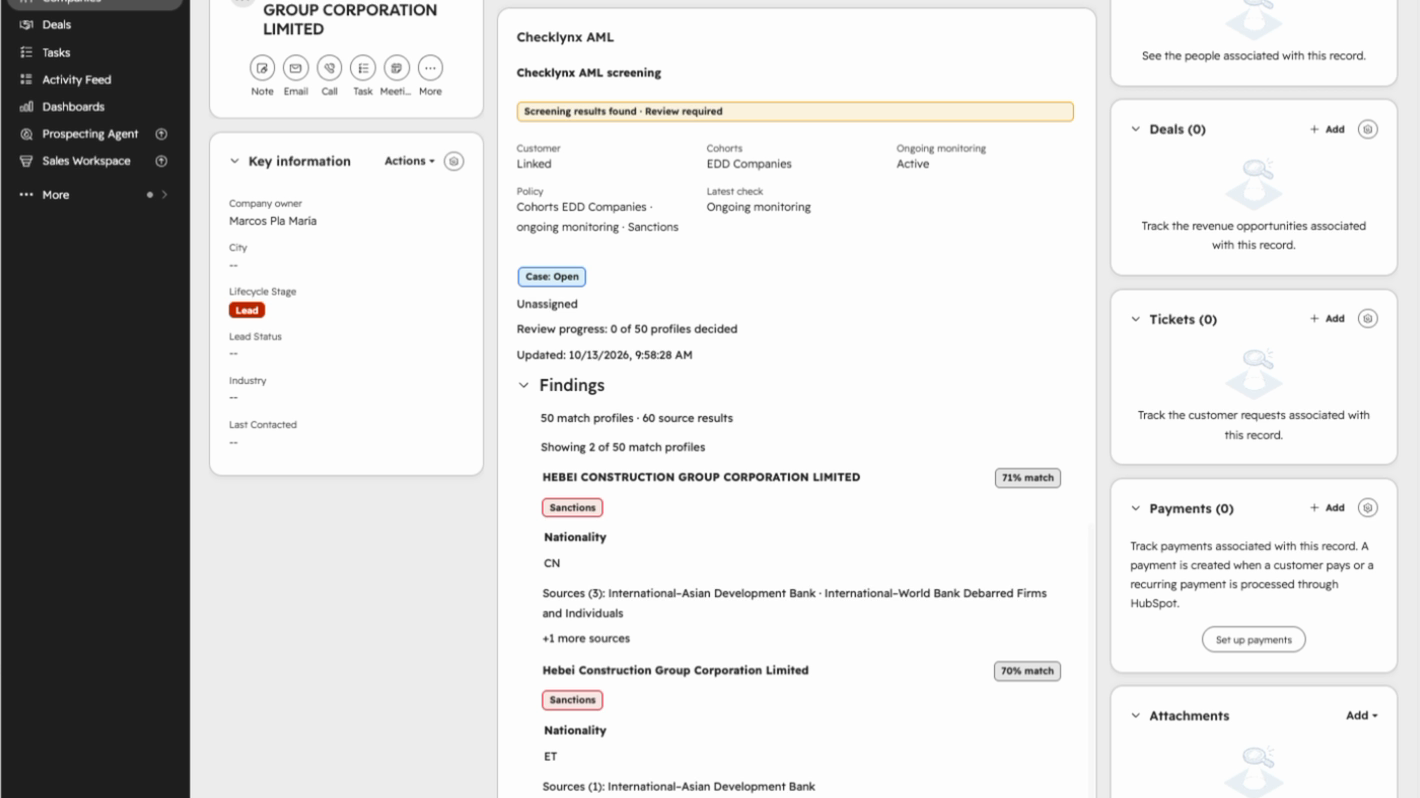 Checklynx company card showing active monitoring, cohort membership and findings.