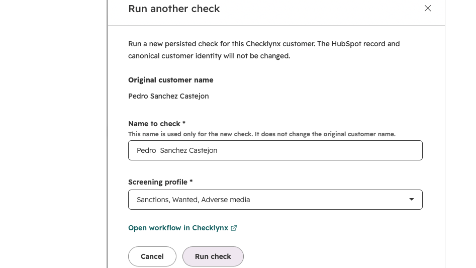 Checklynx screening results and on-demand screening action on a HubSpot contact.